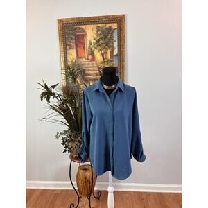 Odosalii Women Blouse L 3/4 Roll Tab Sleeve Collarless Comfy Boxy Blue Button